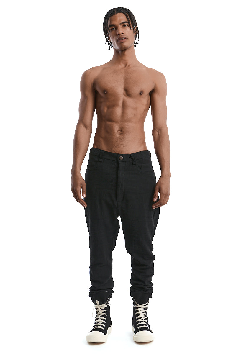 BLACK STRUCTURED COTTON LOW CROTCH PANTS