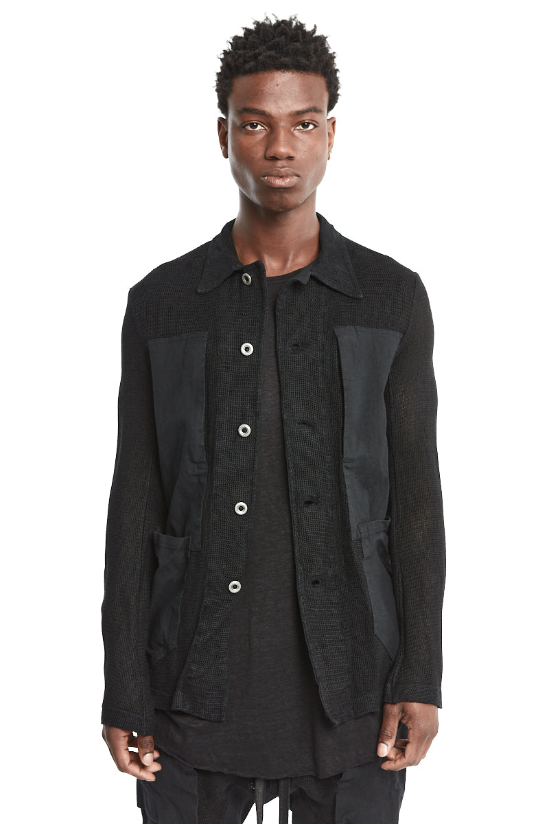BLACK KNITTED LINEN WORKER JACKET