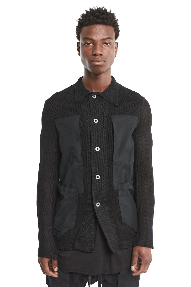 BLACK KNITTED LINEN WORKER JACKET