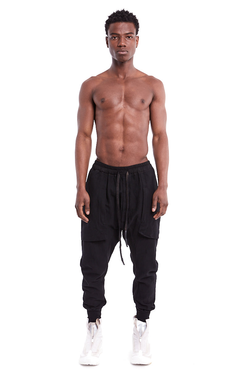 BLACK LOW CROTCH GUSSET POCKETS PANTS