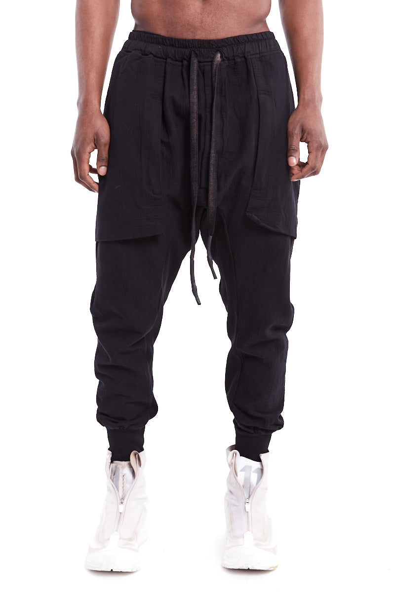 BLACK LOW CROTCH GUSSET POCKETS PANTS