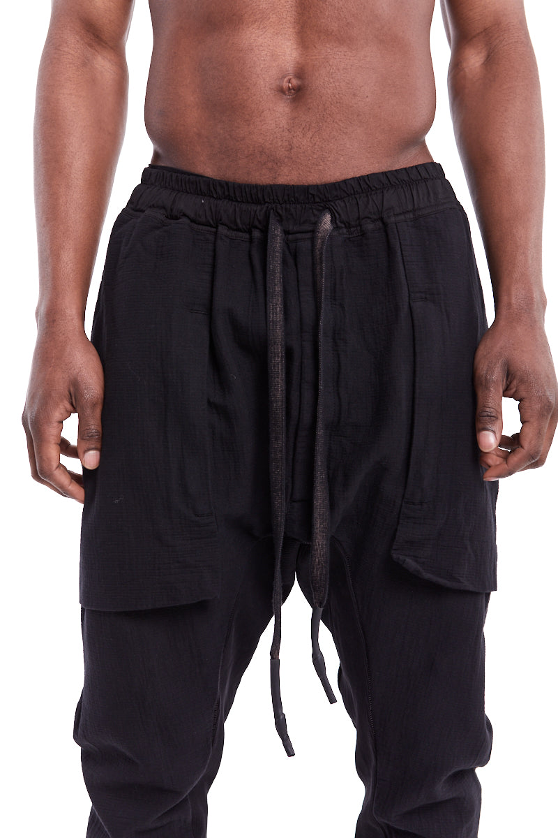 BLACK LOW CROTCH GUSSET POCKETS PANTS