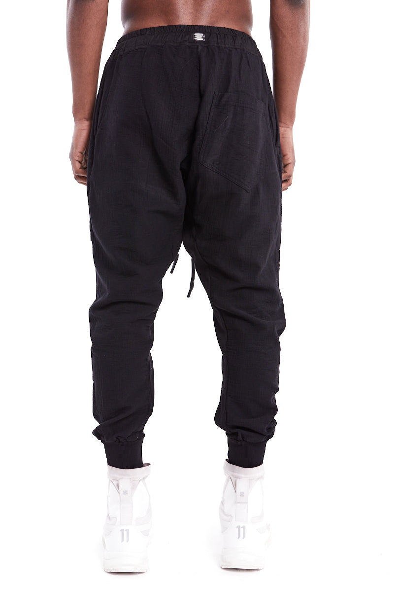 BLACK LOW CROTCH GUSSET POCKETS PANTS