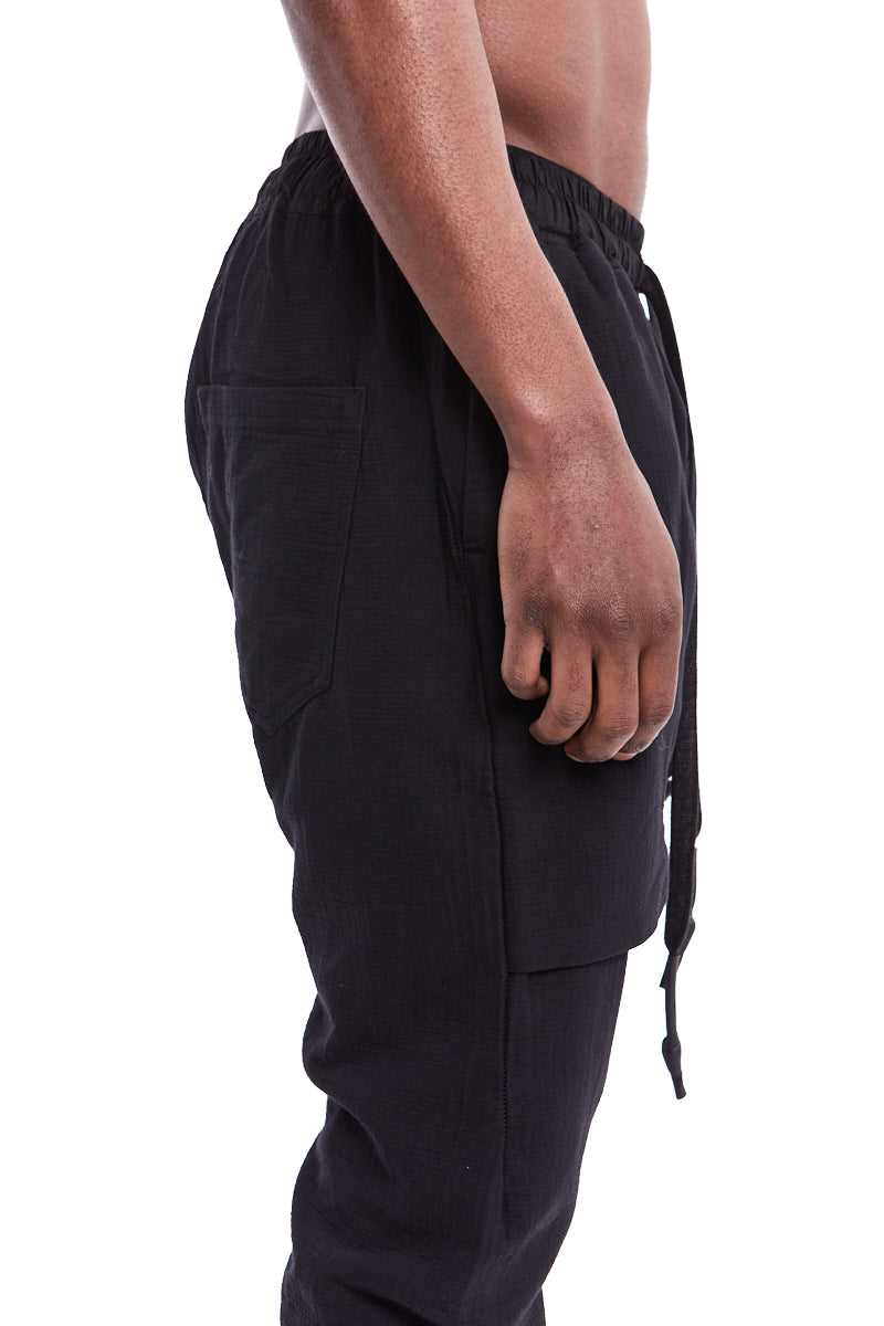 BLACK LOW CROTCH GUSSET POCKETS PANTS