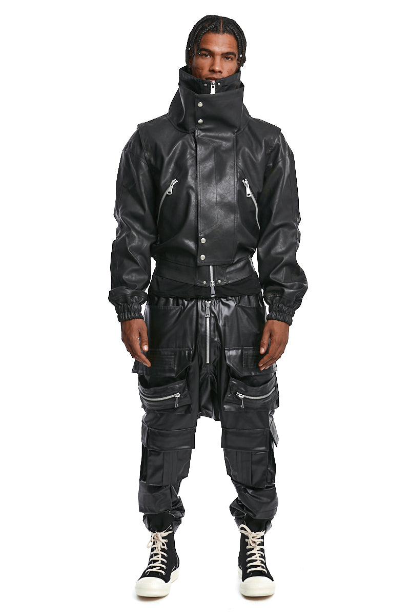 BLACK VEGAN LEATHER HIGH NACK BLOUSON