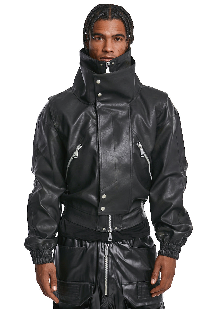 BLACK VEGAN LEATHER HIGH NACK BLOUSON