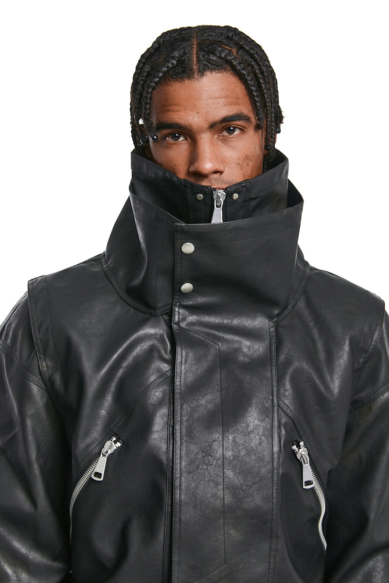 BLACK VEGAN LEATHER HIGH NACK BLOUSON