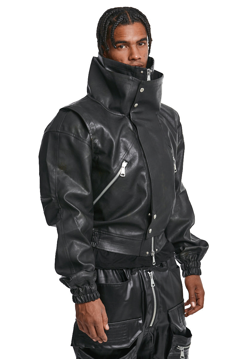 BLACK VEGAN LEATHER HIGH NACK BLOUSON