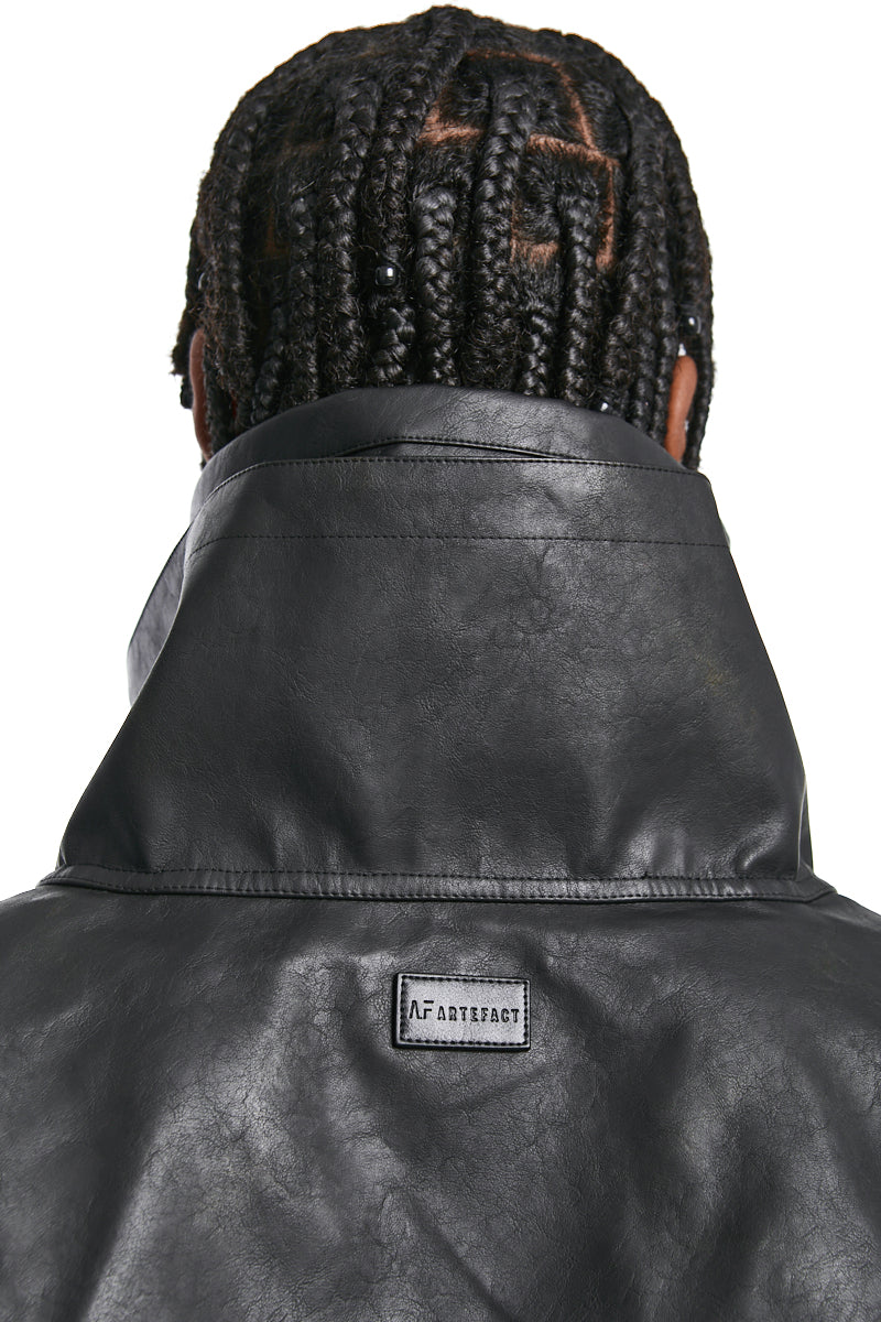 BLACK VEGAN LEATHER HIGH NACK BLOUSON