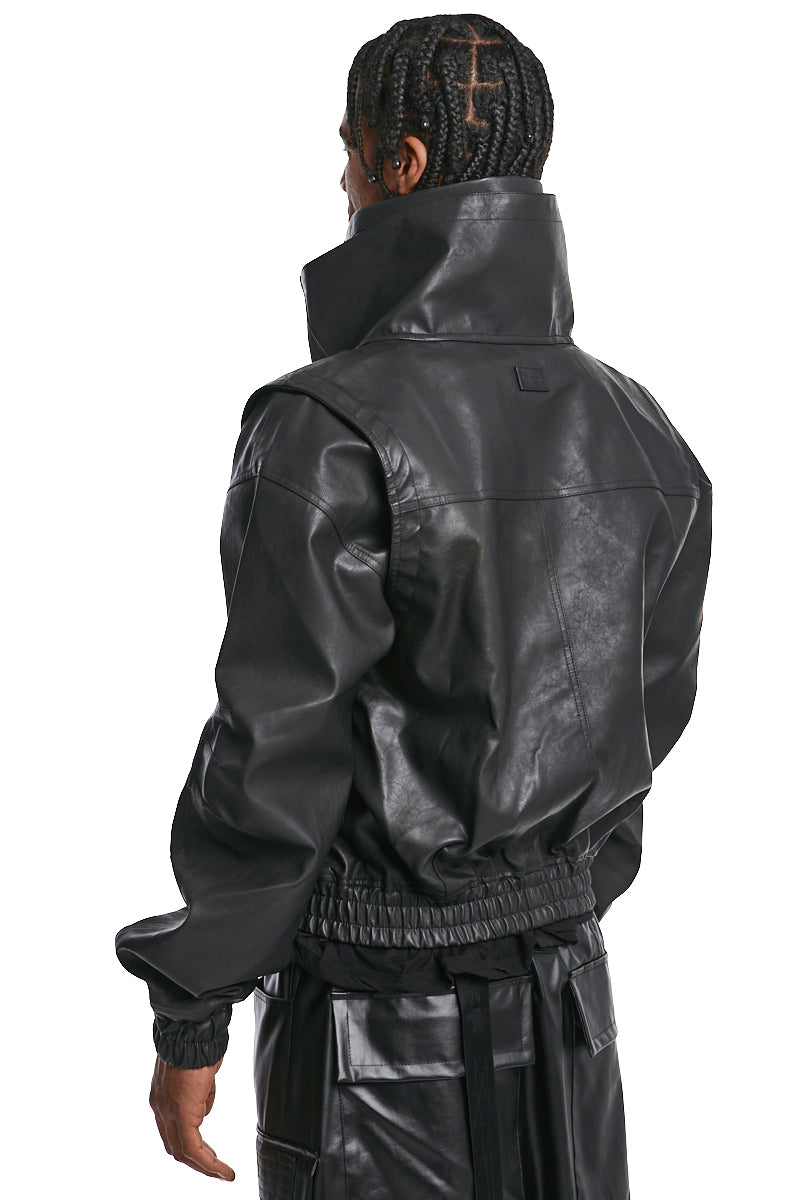 BLACK VEGAN LEATHER HIGH NACK BLOUSON