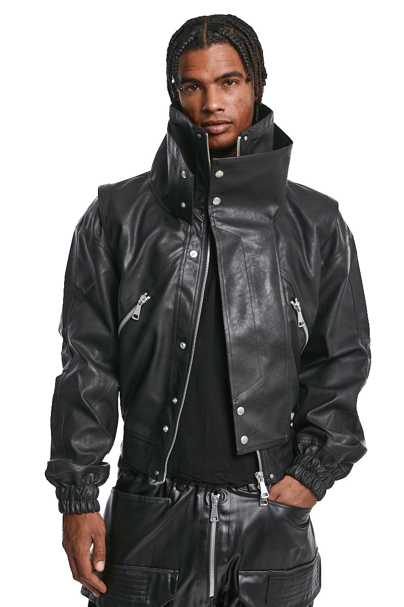 BLACK VEGAN LEATHER HIGH NACK BLOUSON