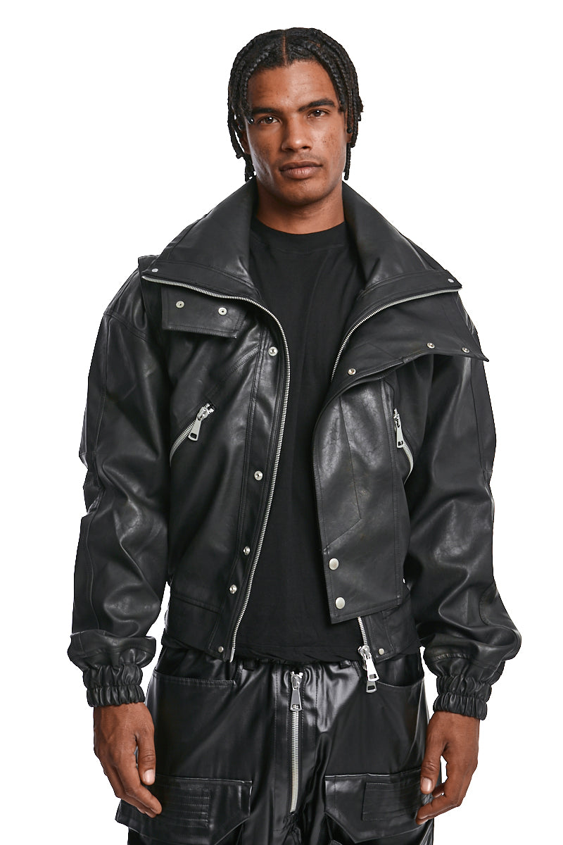 BLACK VEGAN LEATHER HIGH NACK BLOUSON