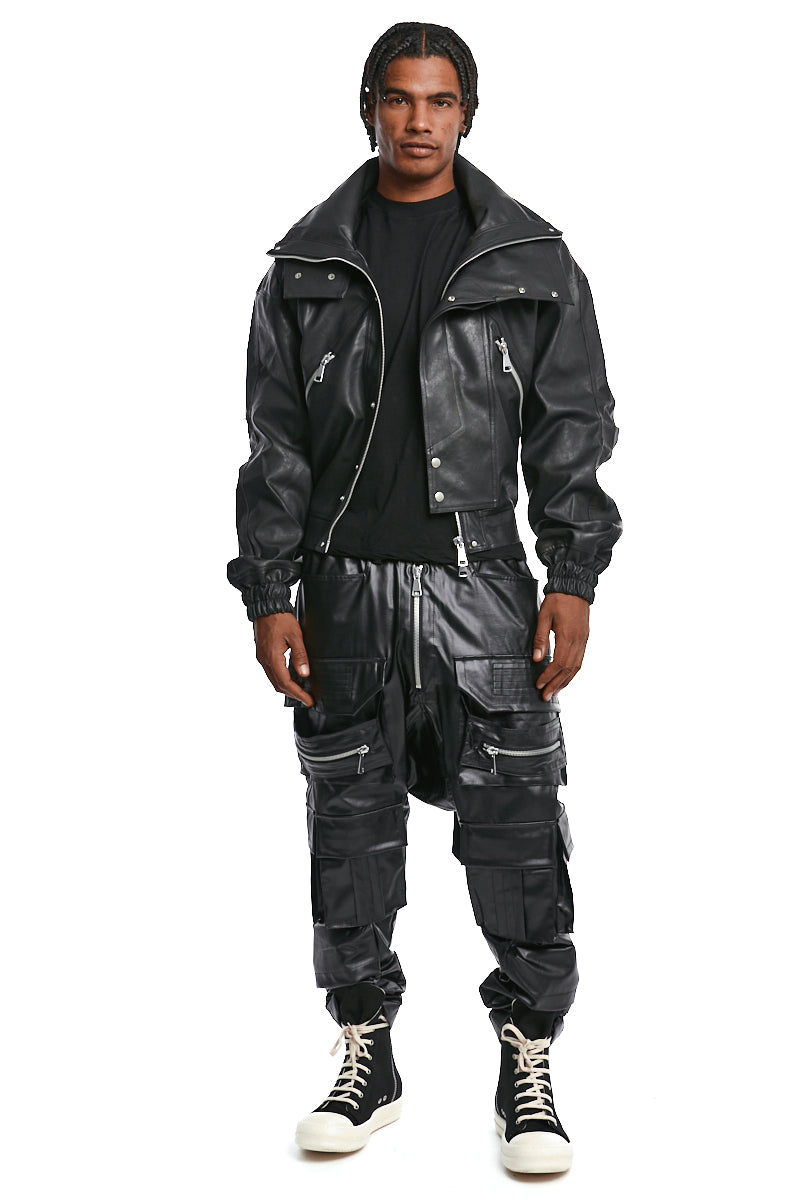BLACK VEGAN LEATHER HIGH NACK BLOUSON