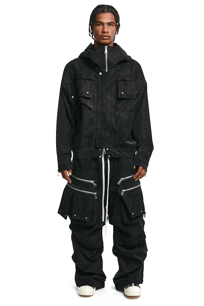 BLACK VEGAN LEATHER HOODIE BLOUSON