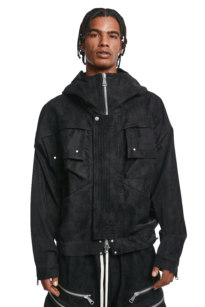 BLACK VEGAN LEATHER HOODIE BLOUSON