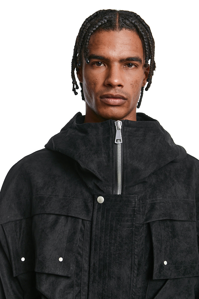BLACK VEGAN LEATHER HOODIE BLOUSON