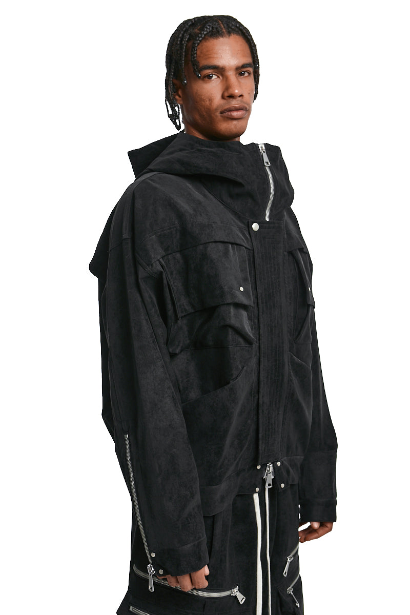 BLACK VEGAN LEATHER HOODIE BLOUSON