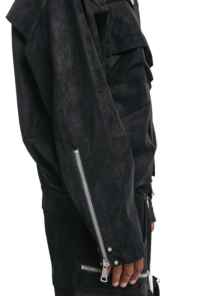 BLACK VEGAN LEATHER HOODIE BLOUSON