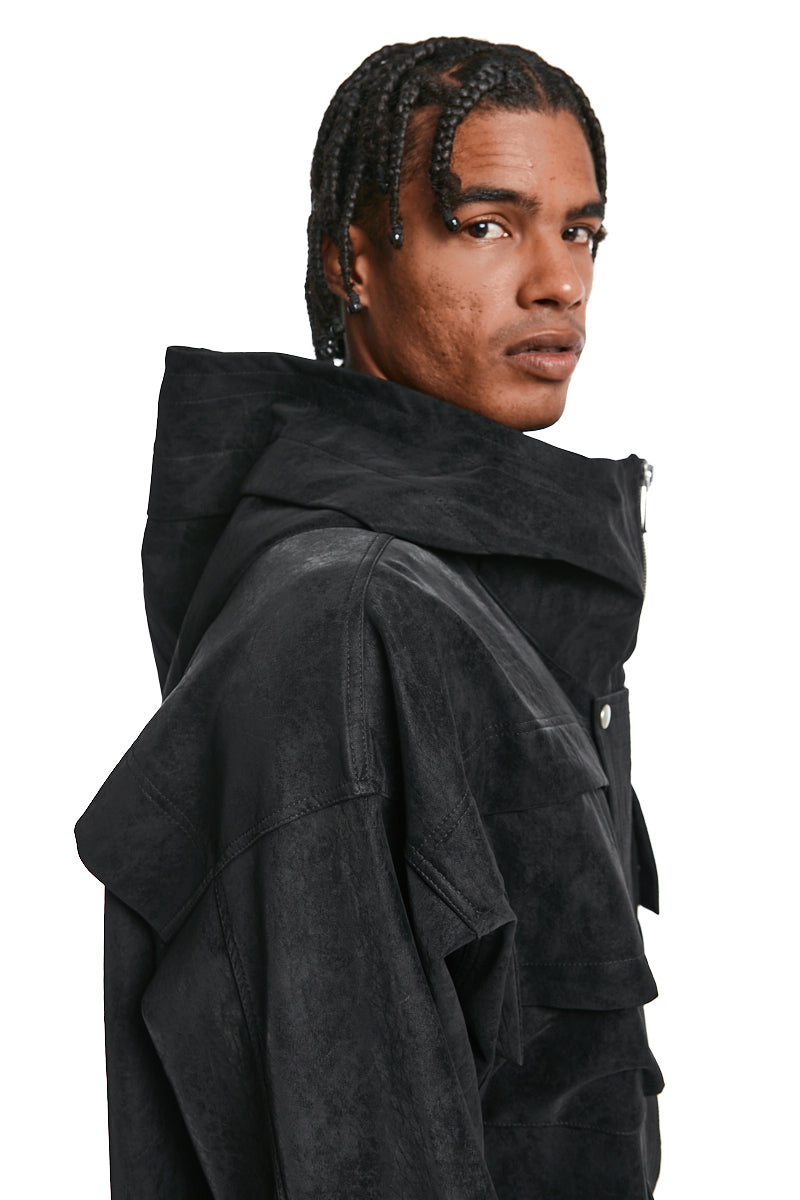 BLACK VEGAN LEATHER HOODIE BLOUSON