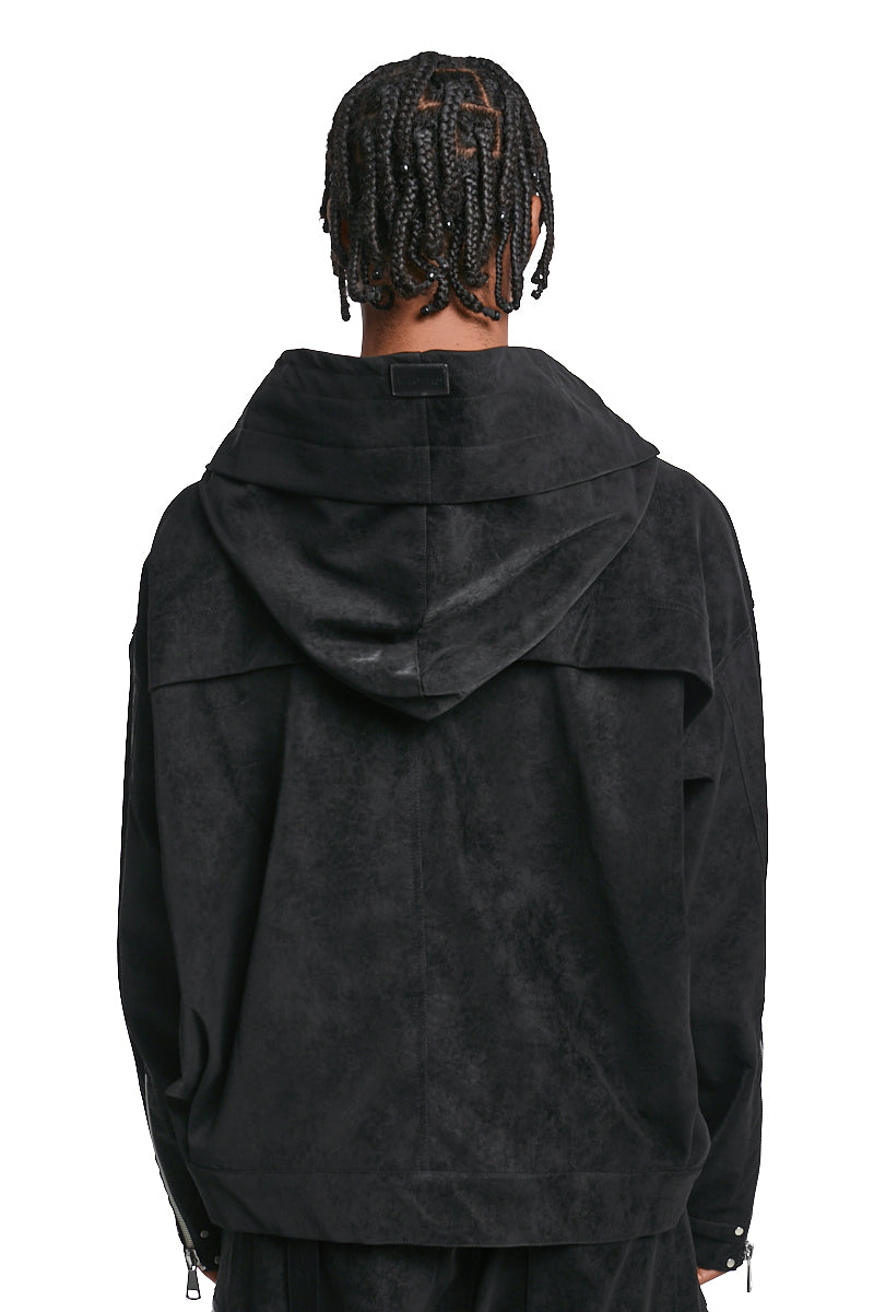 BLACK VEGAN LEATHER HOODIE BLOUSON