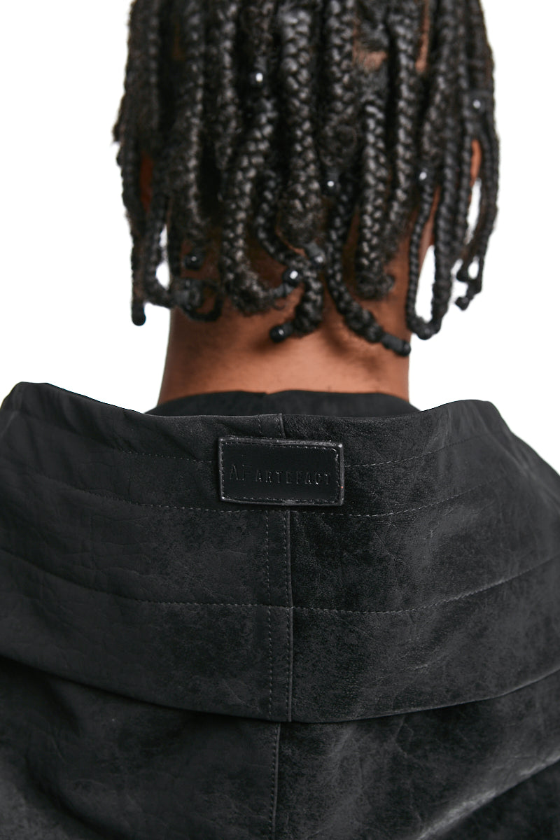 BLACK VEGAN LEATHER HOODIE BLOUSON