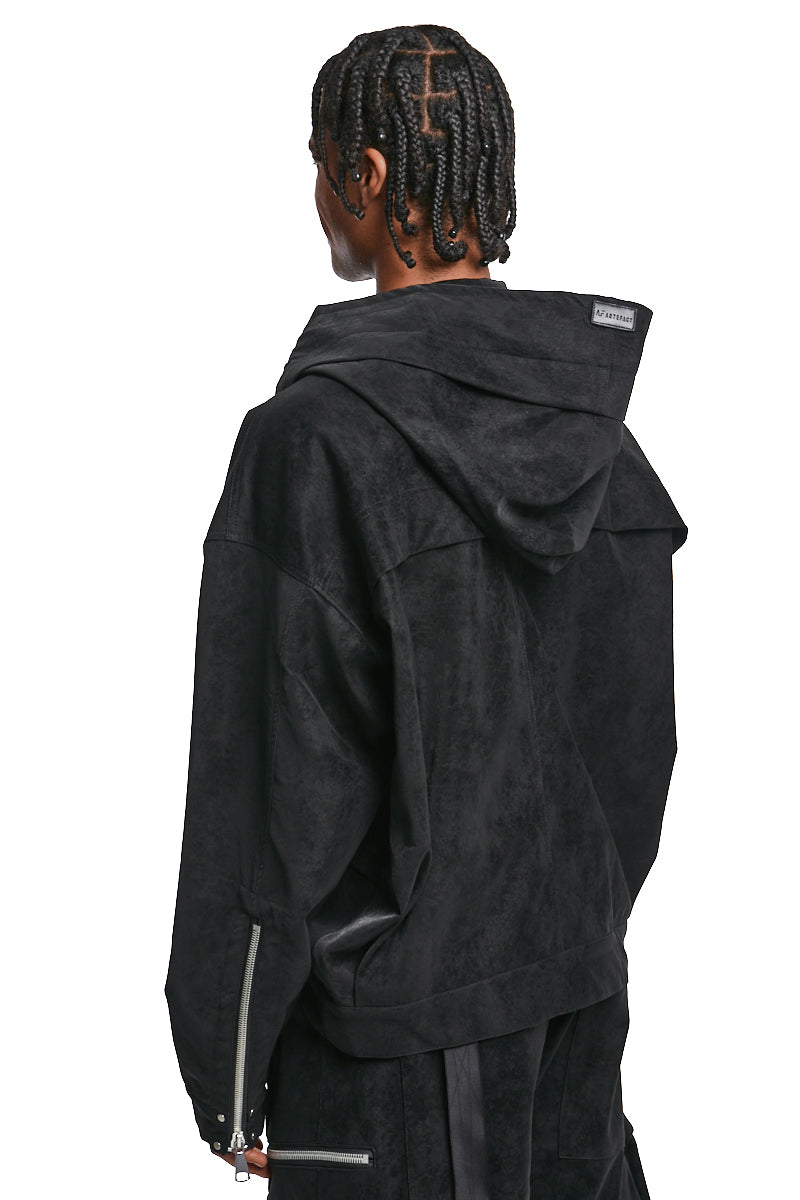BLACK VEGAN LEATHER HOODIE BLOUSON