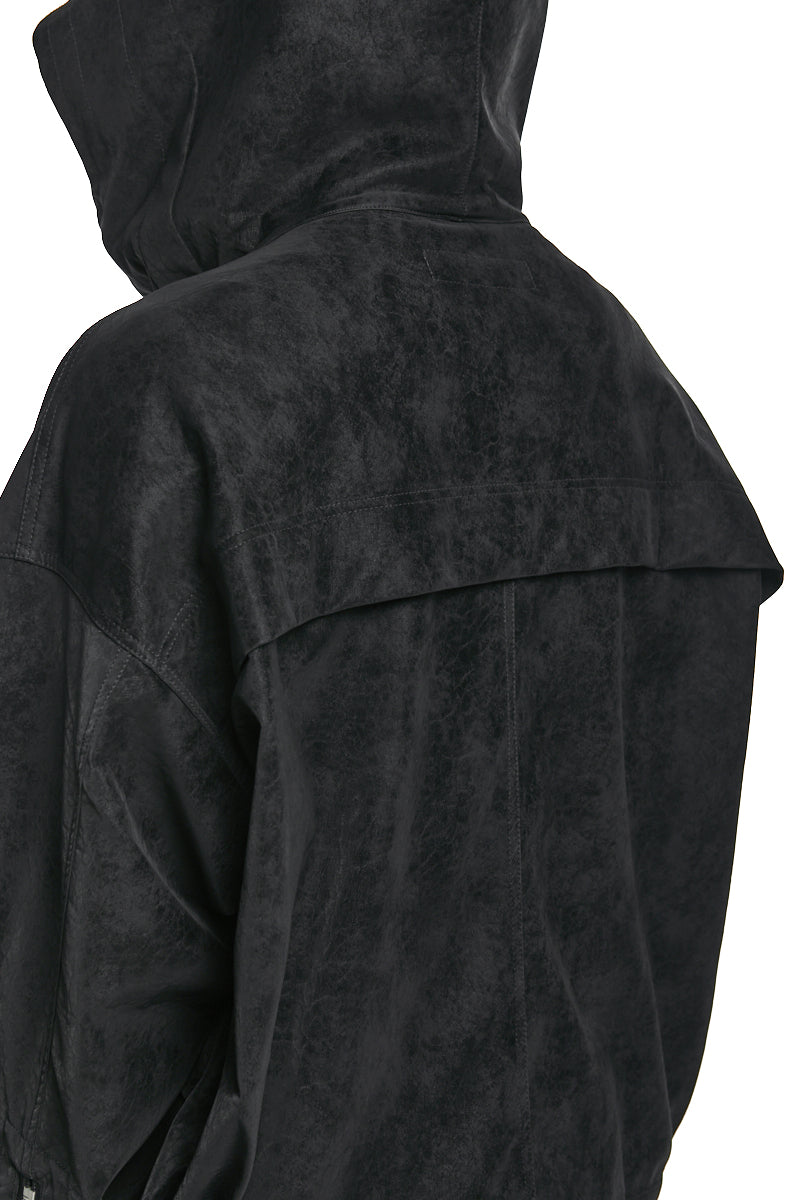 BLACK VEGAN LEATHER HOODIE BLOUSON