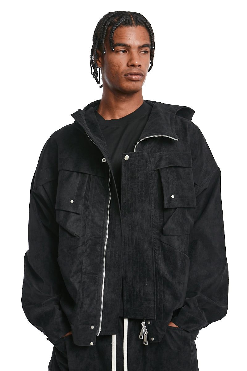 BLACK VEGAN LEATHER HOODIE BLOUSON