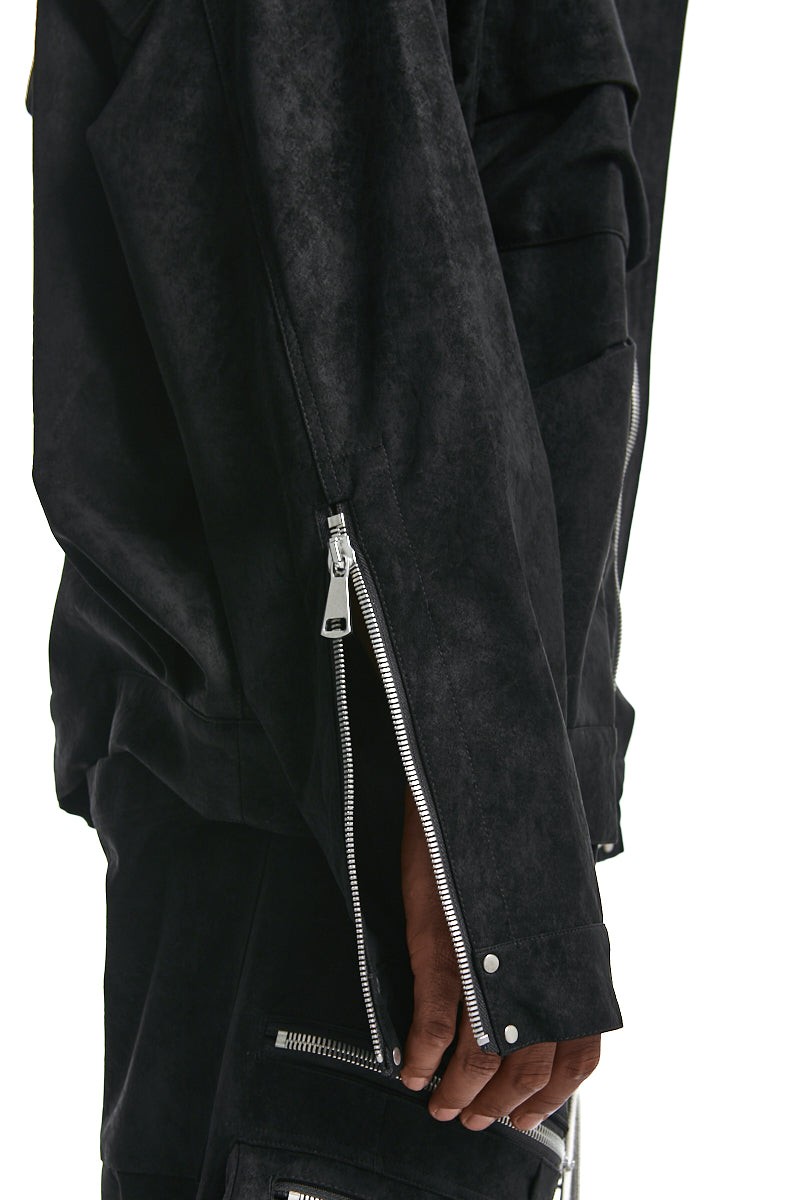 BLACK VEGAN LEATHER HOODIE BLOUSON