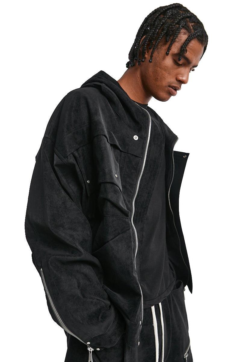 BLACK VEGAN LEATHER HOODIE BLOUSON