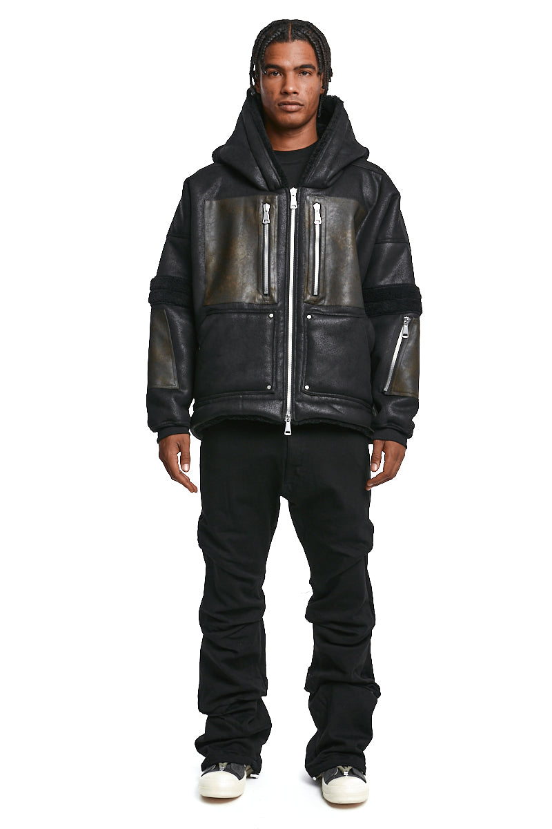BLACK FAUX SHEARLING HOODIE BLOUSON