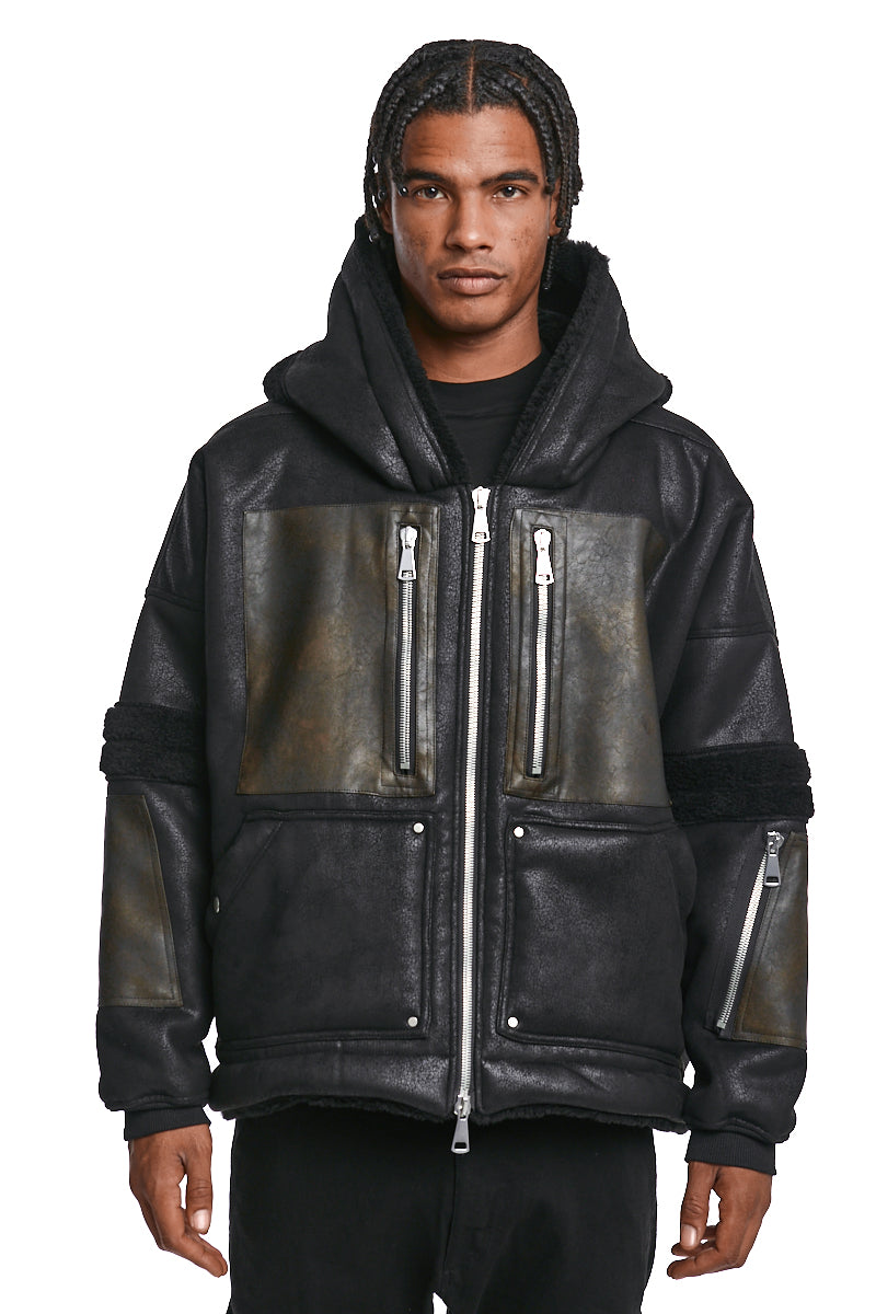 BLACK FAUX SHEARLING HOODIE BLOUSON