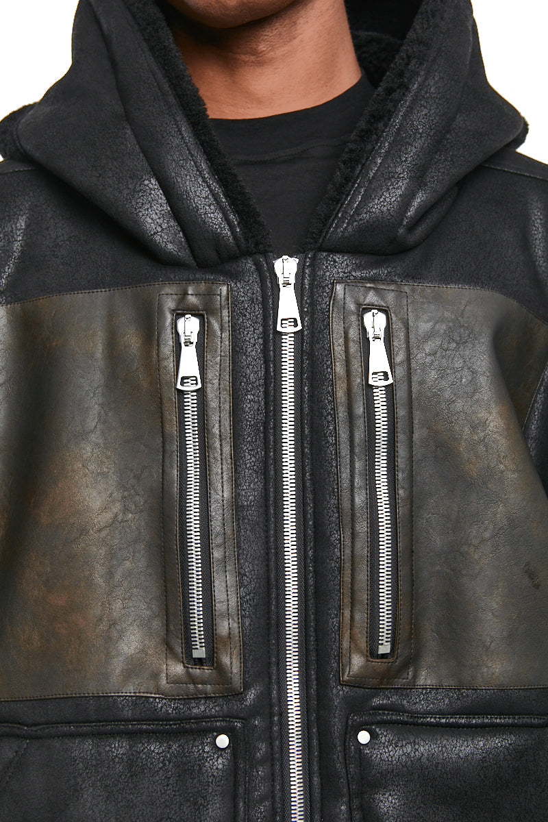 BLACK FAUX SHEARLING HOODIE BLOUSON