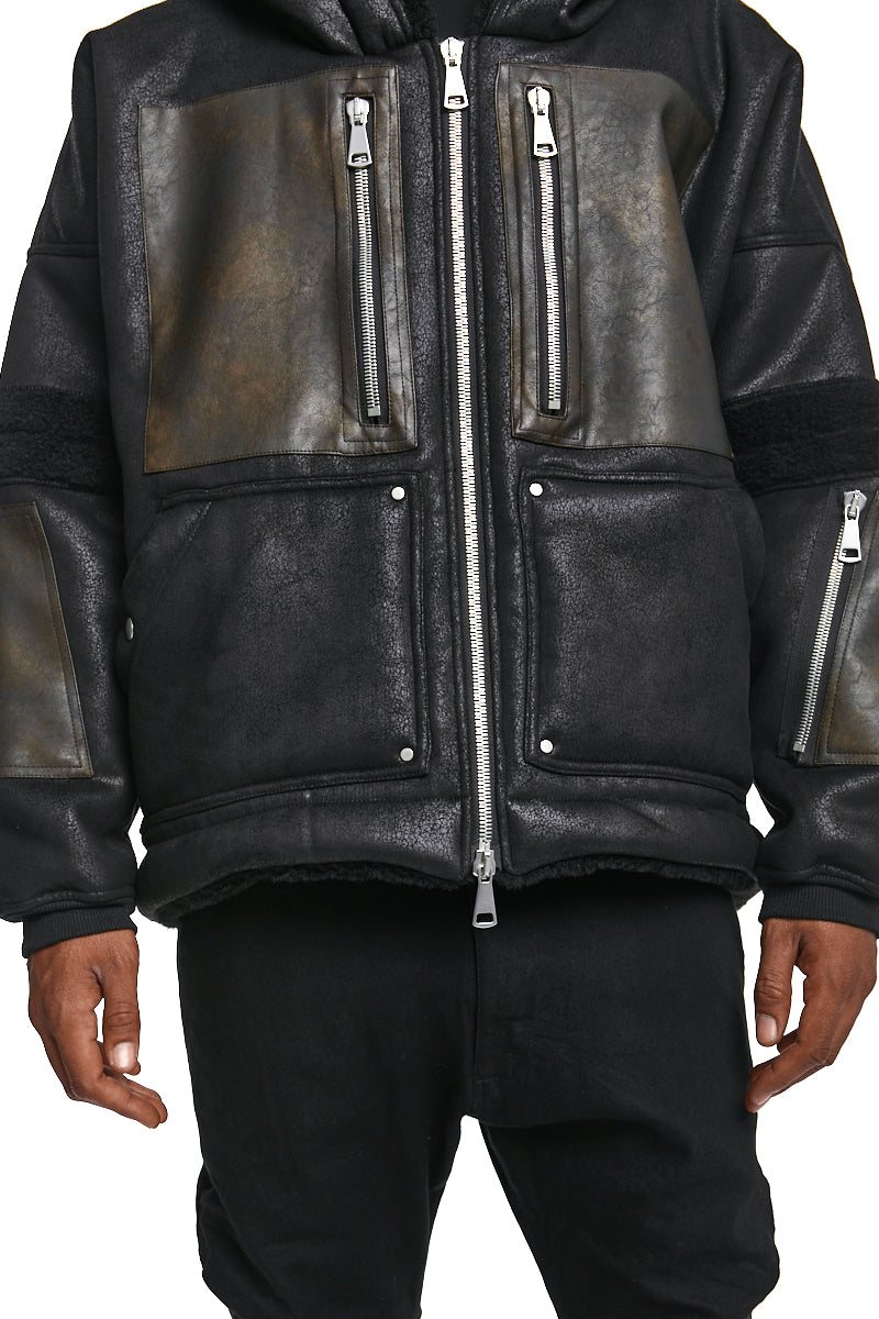 BLACK FAUX SHEARLING HOODIE BLOUSON