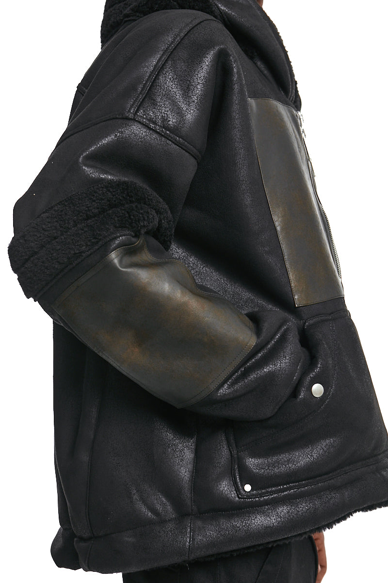 BLACK FAUX SHEARLING HOODIE BLOUSON