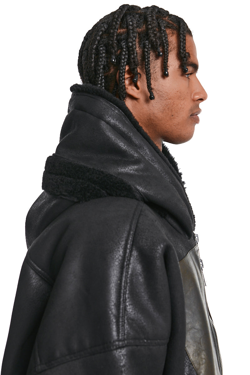 BLACK FAUX SHEARLING HOODIE BLOUSON