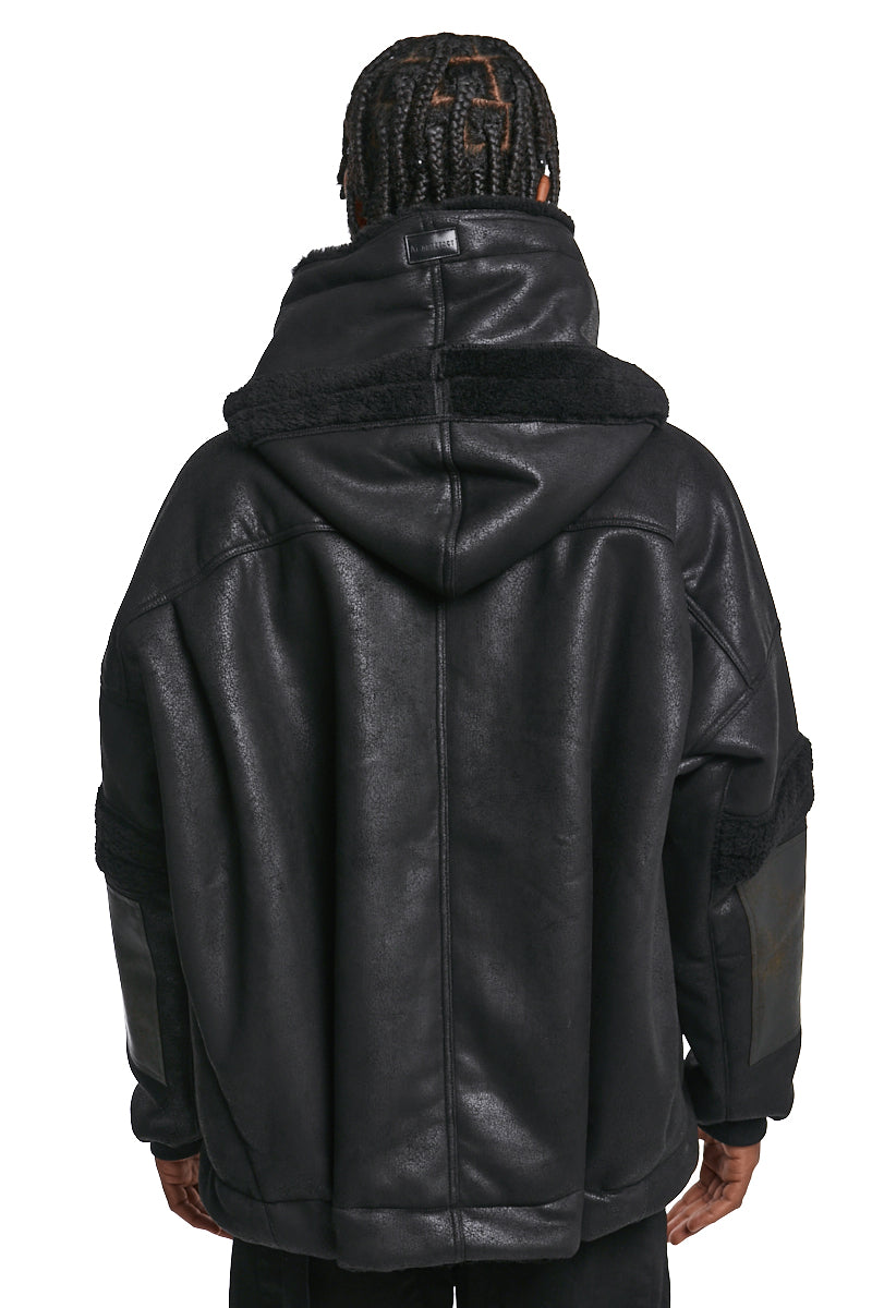 BLACK FAUX SHEARLING HOODIE BLOUSON