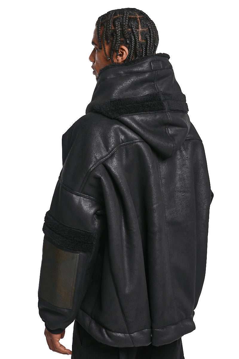 BLACK FAUX SHEARLING HOODIE BLOUSON