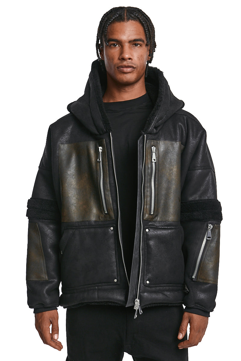 BLACK FAUX SHEARLING HOODIE BLOUSON