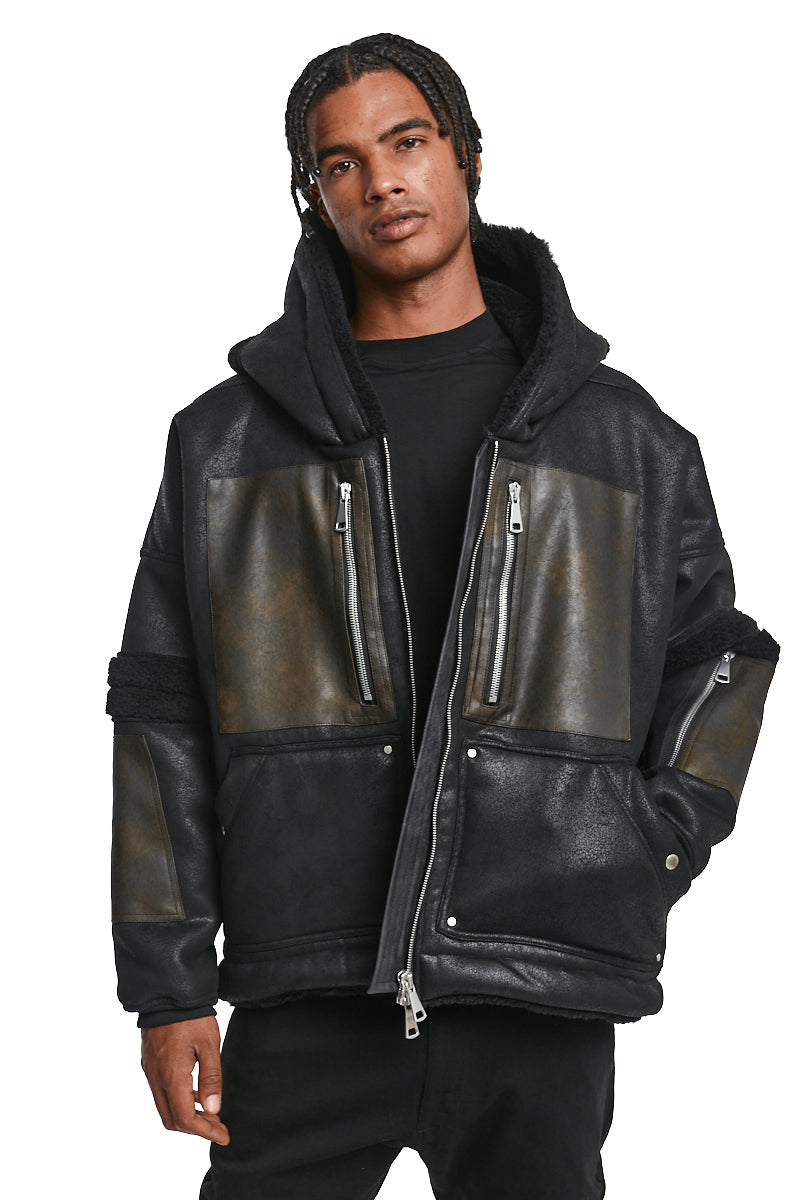 BLACK FAUX SHEARLING HOODIE BLOUSON