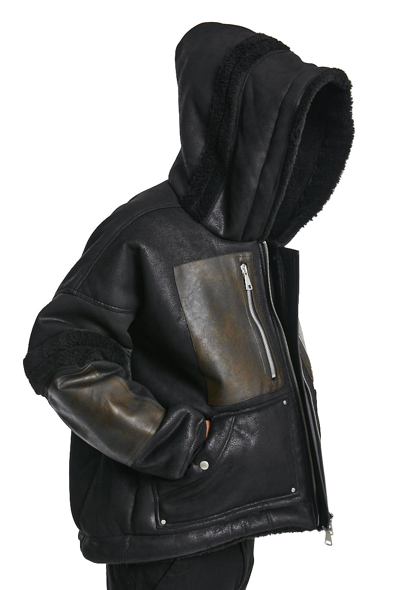 BLACK FAUX SHEARLING HOODIE BLOUSON