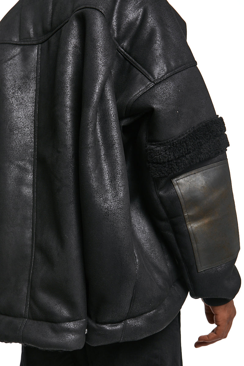 BLACK FAUX SHEARLING HOODIE BLOUSON
