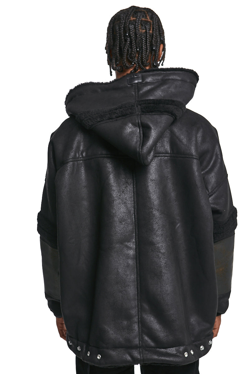 BLACK FAUX SHEARLING HOODIE BLOUSON