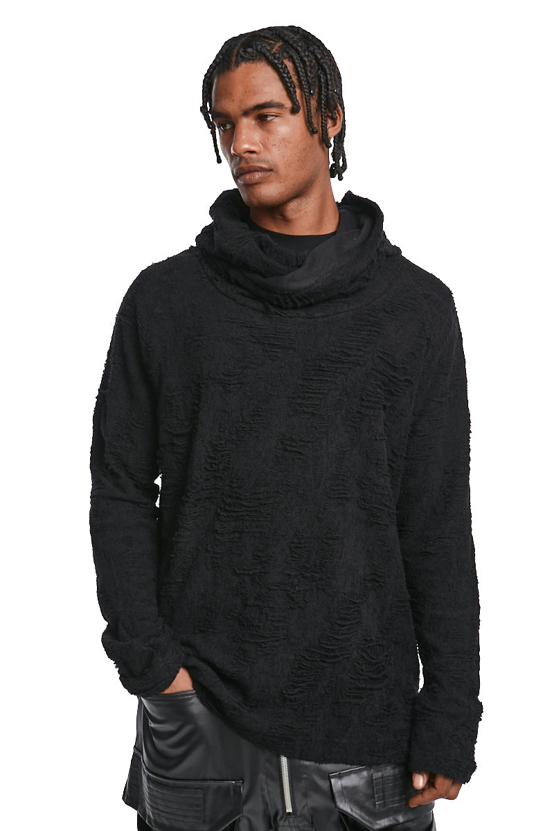 BLACK TWISTED-HOOD PULLOVER