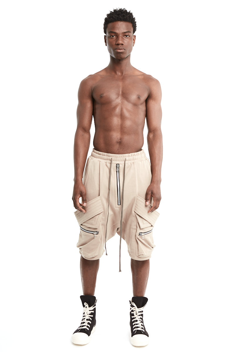 BEIGE BELT CARGO SWEAT SAROUEL SHORTS