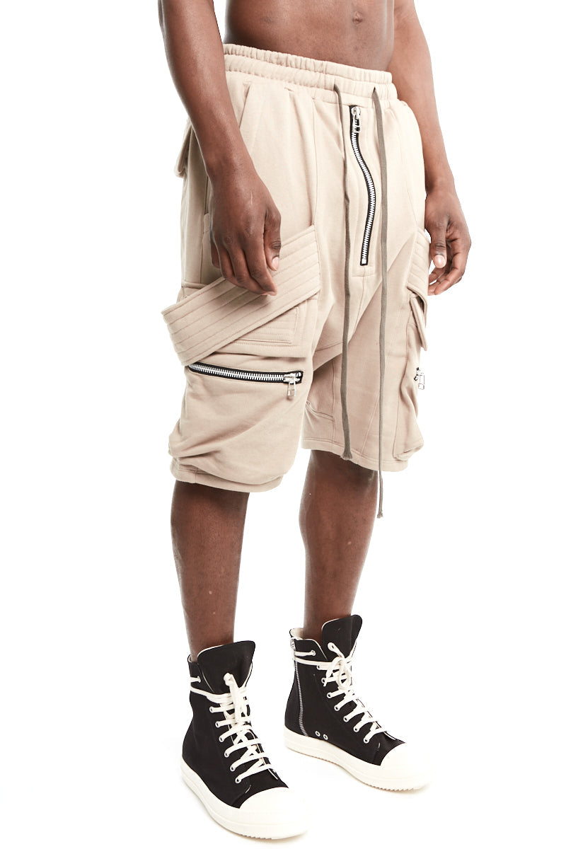 BEIGE BELT CARGO SWEAT SAROUEL SHORTS