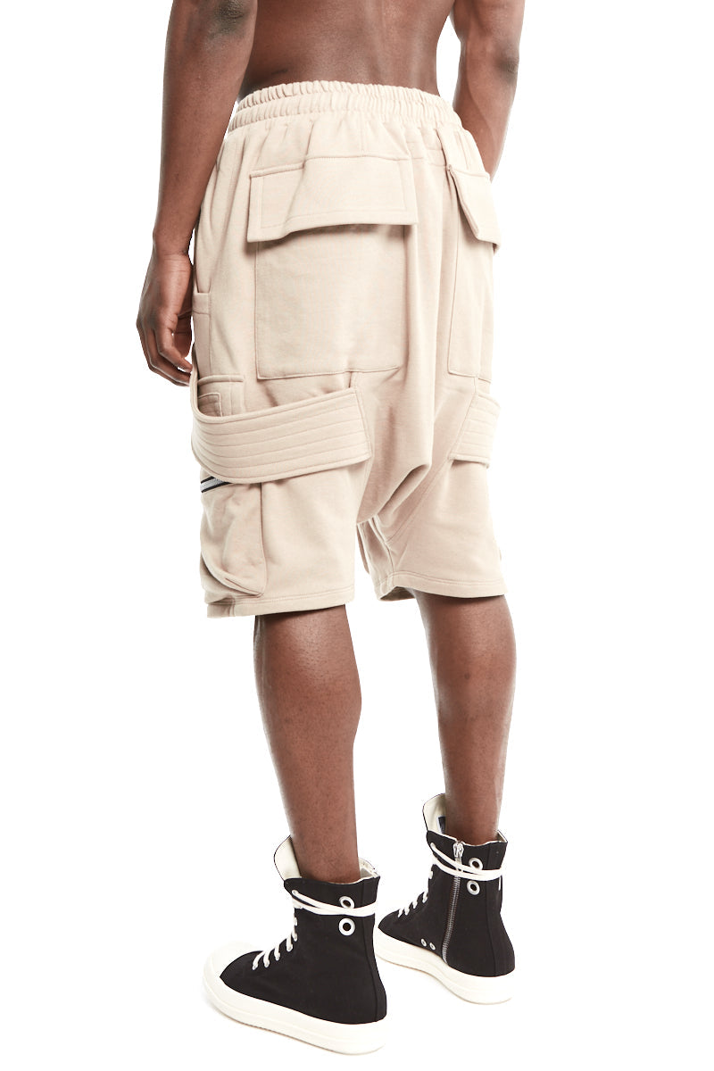 BEIGE BELT CARGO SWEAT SAROUEL SHORTS