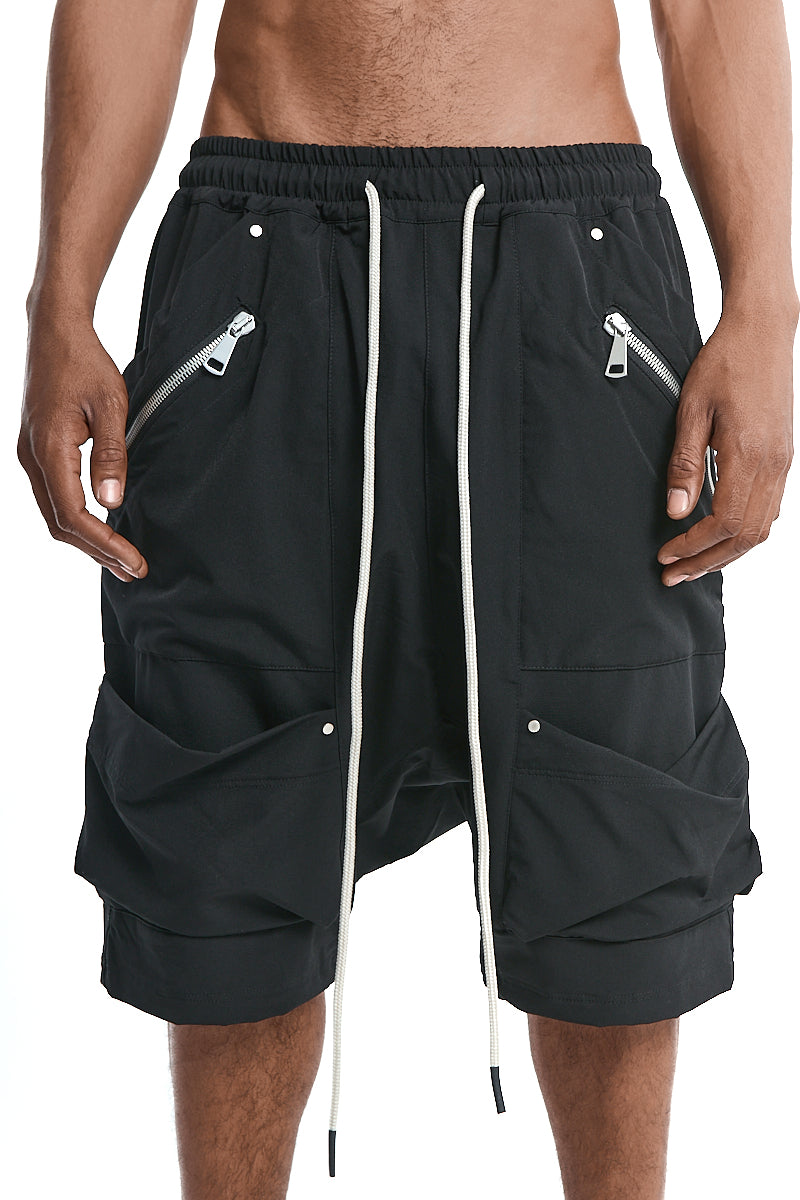 BLACK PATCHED POCKET CARGO SHORTS