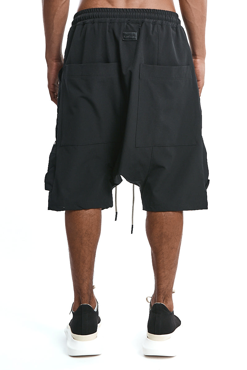 BLACK PATCHED POCKET CARGO SHORTS