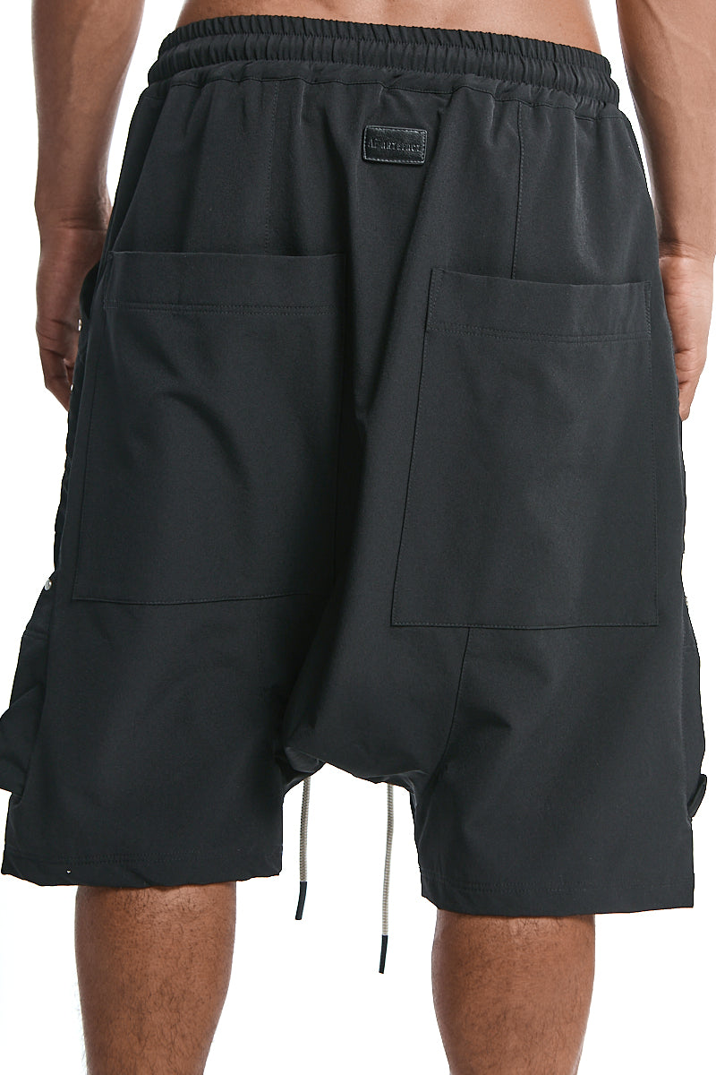 BLACK PATCHED POCKET CARGO SHORTS